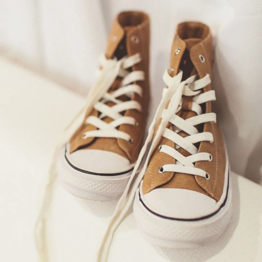 NEW High Top Faux Leather Stitch Star Patch Casual Sneakers Shoes Camel Beige - Picture 11 of 11